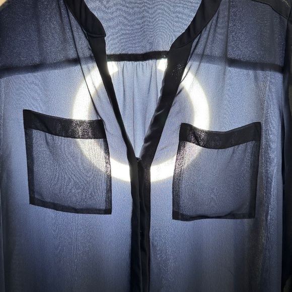 Gap Navy Blue Sheer Blouse Oversized XL Roll Tab Long Sleeve Button Front - Picture 4 of 5